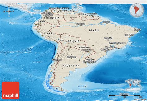 Shaded Relief Panoramic Map Of South America Lighten Desaturated