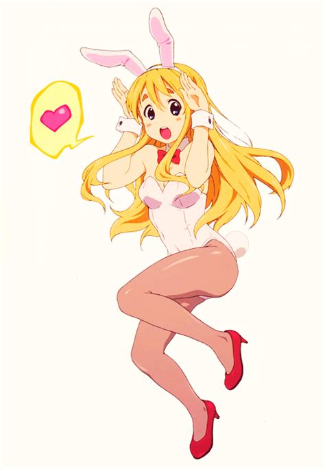 An Anime Girl With Long Blonde Hair And Bunny Ears Is Flying Through The Air While Holding Her