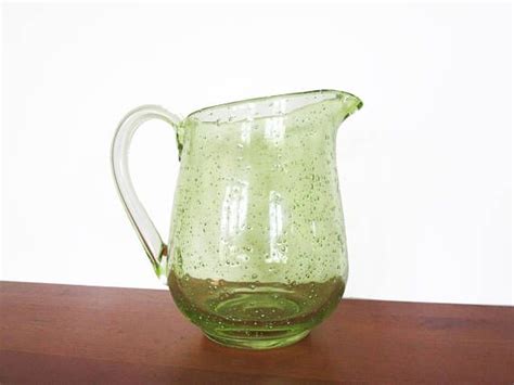 Hand Blown Green Bubble Glass Pitcher With Applied Handle Green Bubble