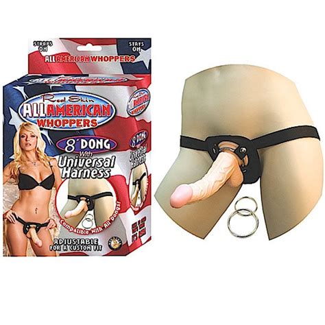 all american whoppers 8 inches vibrating dong and universal harness beig