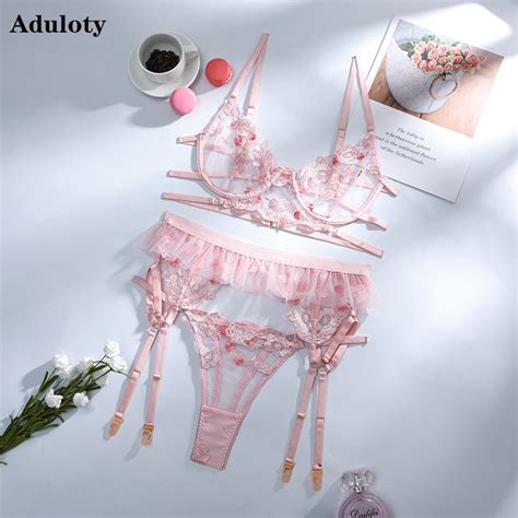 Aduloty Sexy Lace Embroidered Pink Flowers Pattern Perspective Of