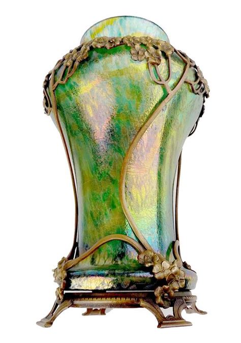 Large Art Nouveau Kralik Iridescent Glass Vase With Flower Bronze Overlay 1900s For Sale At 1stdibs