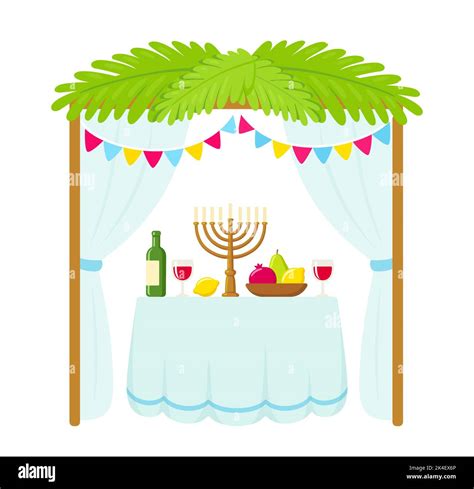 Traditional Sukkah Hut With Decorations And Table With Food For Jewish