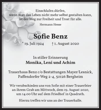 Traueranzeigen Von Sofie Benz WirTrauern