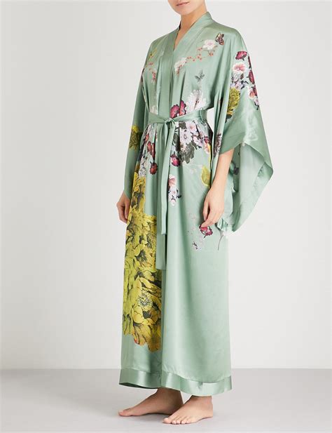 Meng Floral Print Silk Satin Kimono Robe In Green Lyst