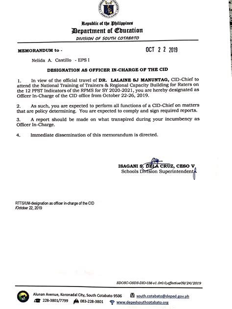Memorandum Designation As Officer In Charge Of The Cid Schools