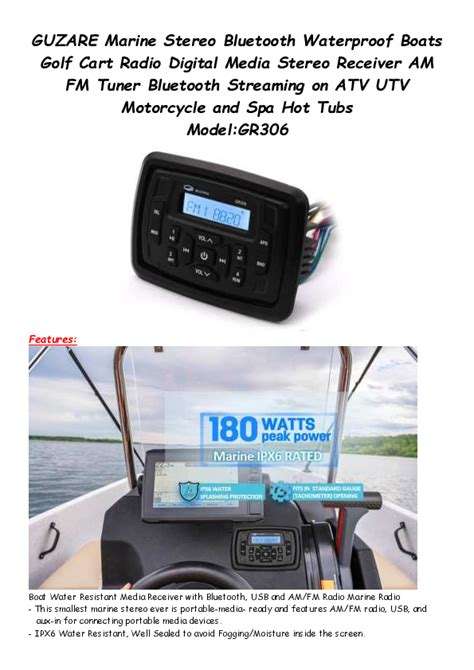 Guzare Marine Stereo Bluetooth Waterproof Boats Water Resistant Media