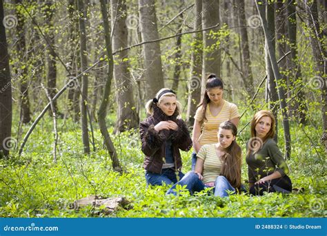 Friends Having Fun In The Forest Stock Images Image