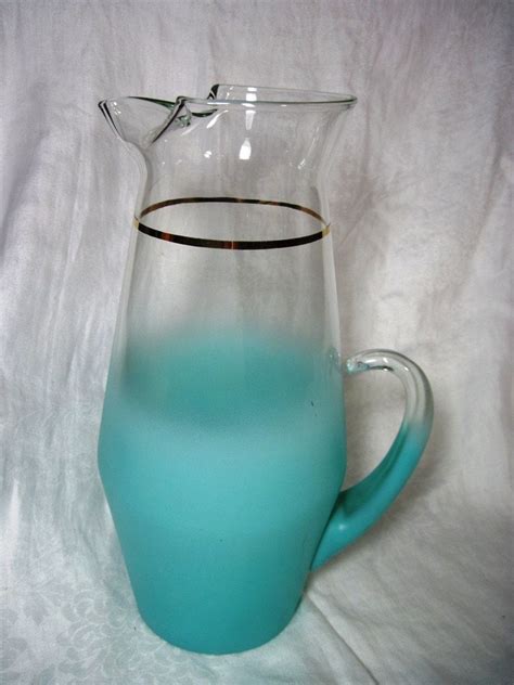 Rare Vintage WV Blendo Glass Cocktail Pitcher Set Blue Purple Bermuda Twist  MCM