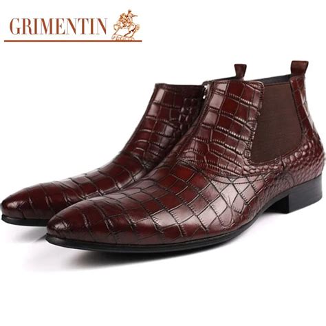 Grimenint Men Leather Boots With Zipper Luxury Crocodile Grained Retro