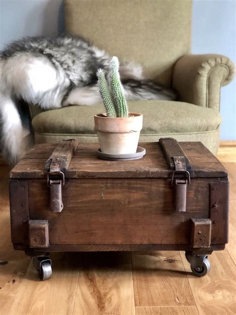 Rustic Coffee Table Storage Side Table Vintage Army Trunk On Wheels