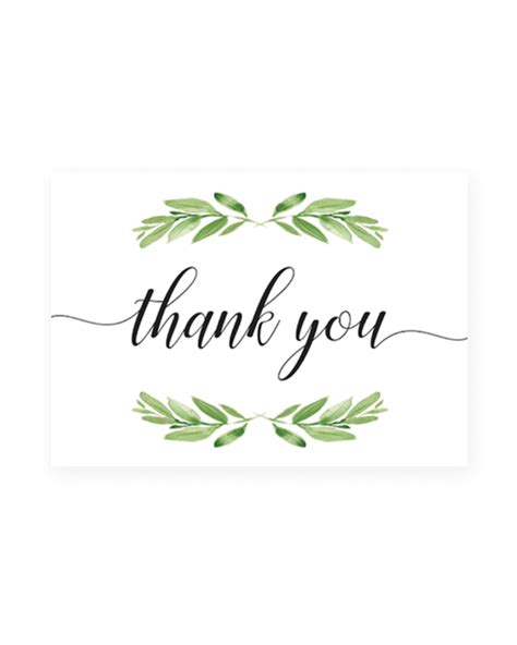Printable Thank You Card With Watercolor Green Leaves Instant