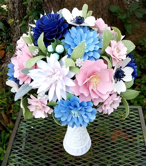 Paper Flower Bouquet Pink White And Navy Paper Flowers Paper