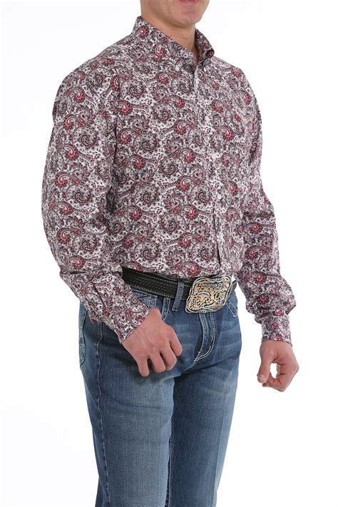 cinch jeans mens white burgundy and red paisley printed button down western shirt