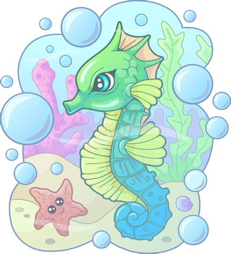 Cute Seahorse Coloring Book Page For Kids Cartoon Cute Marine Wild