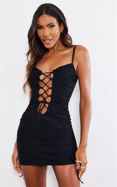 black textured lace up strappy bodycon dress prettylittlething