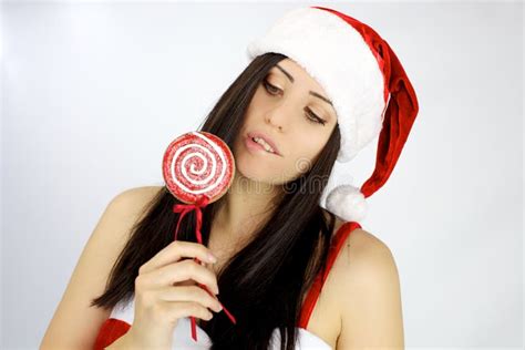 Female Santa Claus Ready To Eat Lollipop Stock Image Image Of Costume