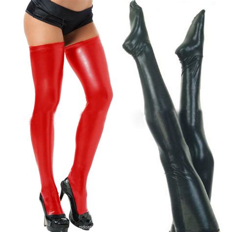 Black Red Colors Wet Look Sexy Women Lady Thigh High Stockings Pu Pvc