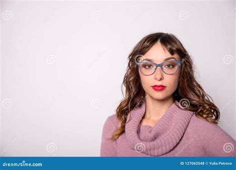 Beauty Fashion Model Girl Wearing Blue Glasses On White Background