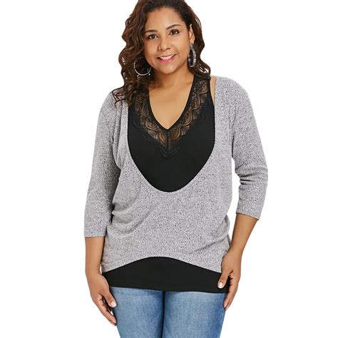 Wipalo Plus Size 5xl Plunging T Shirt With Lace Trim Racerback Tank Casual Solid Three Quarter