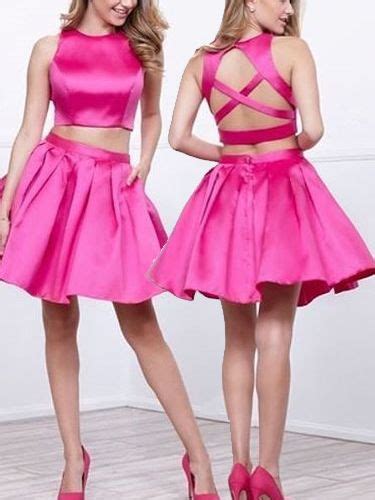 Two Piece Hot Pink Criss Cross Back Homecoming Dress Two Piece
