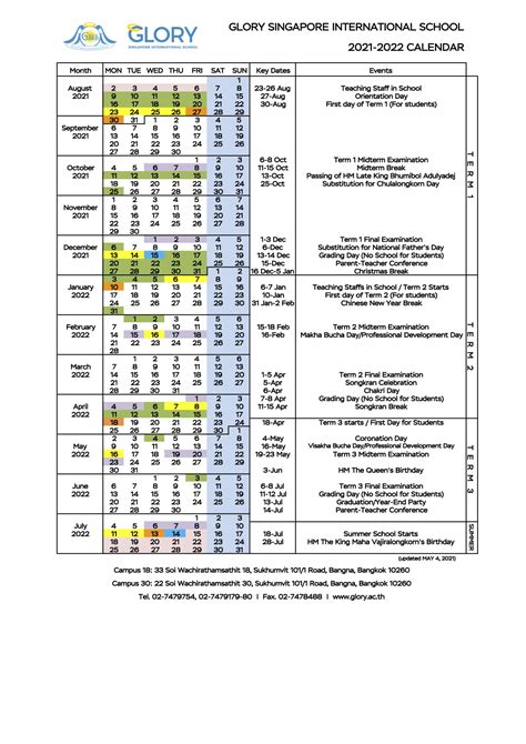 School Calendar Glory Singapore International School