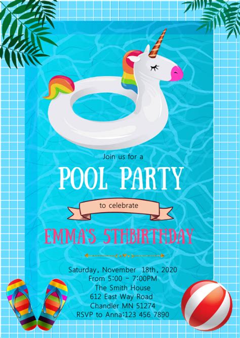 Unicorn Pool Birthday Party Invitation Template Postermywall