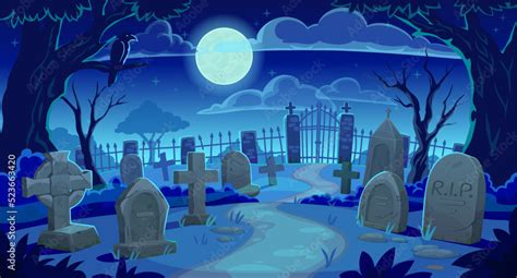 Cemetery Landscape Graveyard Tombstones Background Vector Halloween