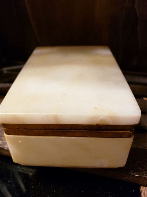 1960s White Marble Box With Lid And Brass Trim
