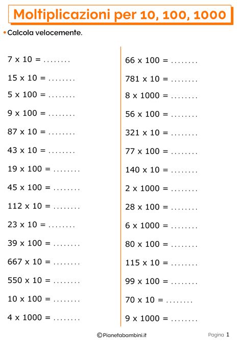 Moltiplicazioni Per 10 100 E 1000 Esercizi Per La Scuola Primaria