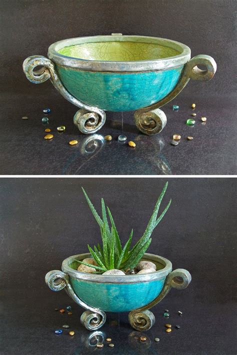 Ceramic bowl planter on wood stand. raku pottery large ceramic bowl large planter fine art