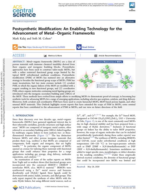 Pdf Postsynthetic Modification An Enabling Technology For The Advancement Of Metalorganic
