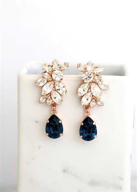 Blue Navy Earrings Navy Blue Crystal Bridal Earrings BRIDAL Etsy
