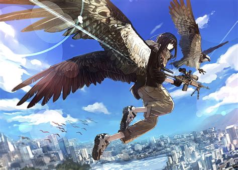 Anime Girl Wings Flying Cityscape Sky Black Hair Sniper Anime