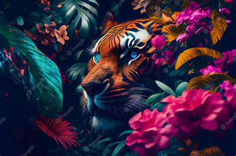 Premium Photo Tiger In The Jungle Tropical Floral Seamless Background