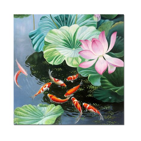 Lotus Flower Feng Shui Koi Fish Painting Home Decor Print Canvas Wall
