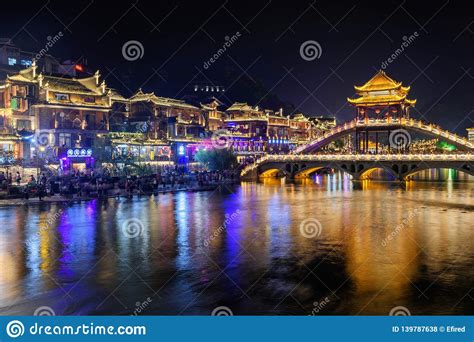 Amazing Night View Of Phoenix Ancient Town Fenghuang County Editorial