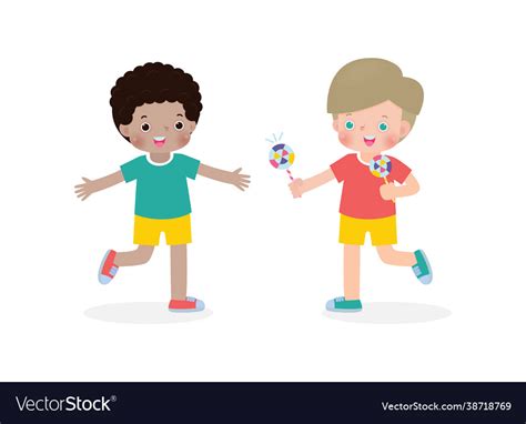 Happy Cute Little Kids Sharing Candy To Friend Vector Image