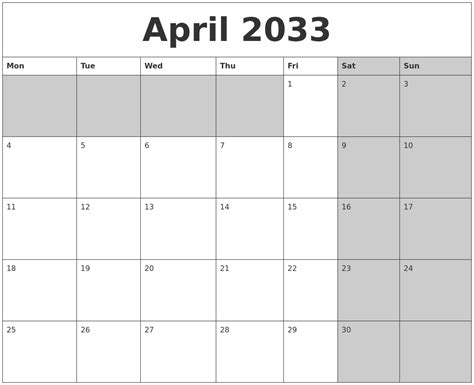 April 2033 Calanders
