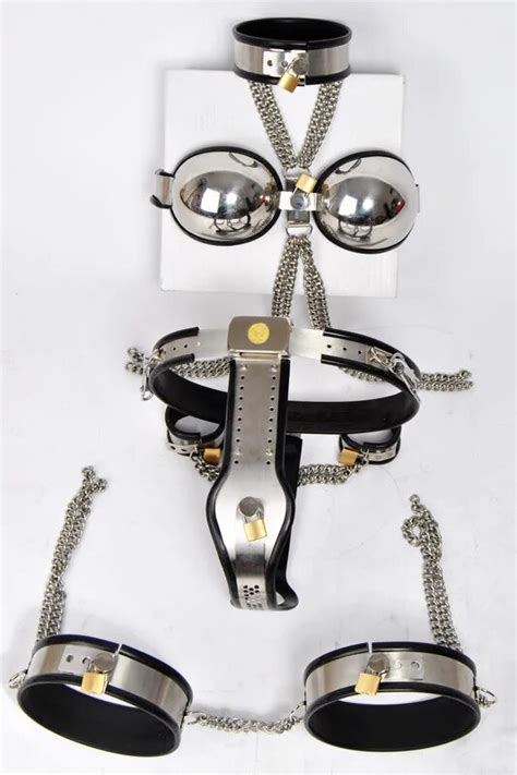 5 Pcs Set Stainless Steel Female Chastity Belt Bondage Collar Handcuffs