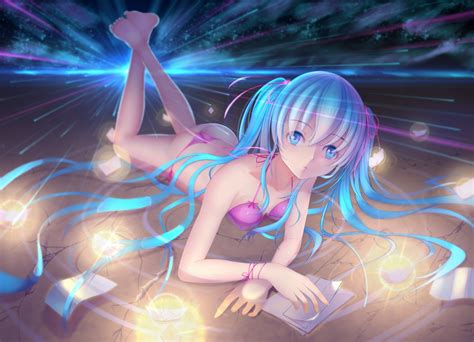 Fondos De Pantalla Ilustración Pelo Largo Anime Chicas Anime Pelo Azul Ojos Azules Agua