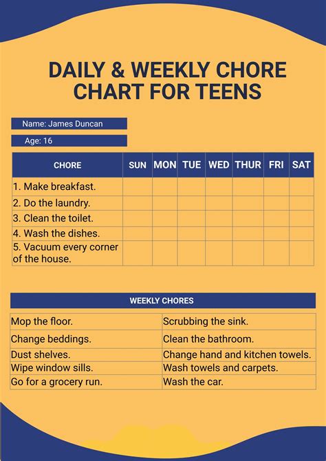 Daily And Weekly Chore Chart For Teens In Illustrator Pdf Download