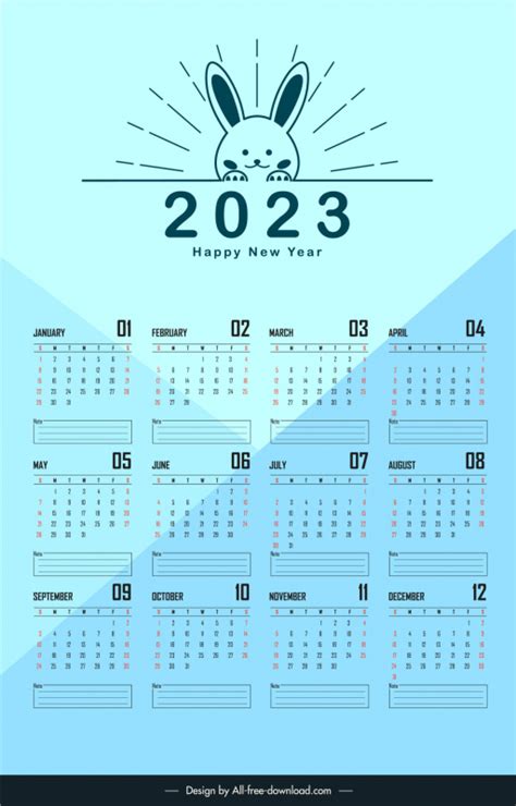 Calendar 2023 Template Cute Flat Handdrawn Rabbit Outline Vectors
