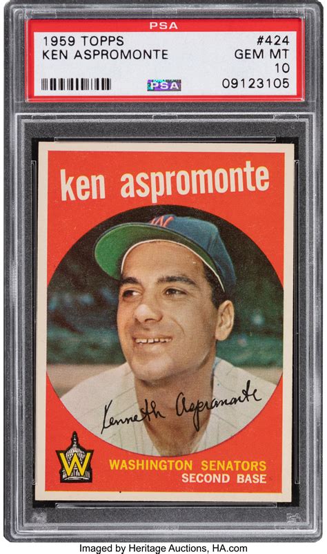 1959 topps ken aspromonte 424 psa gem mint 10 pop five lot 50462 heritage auctions