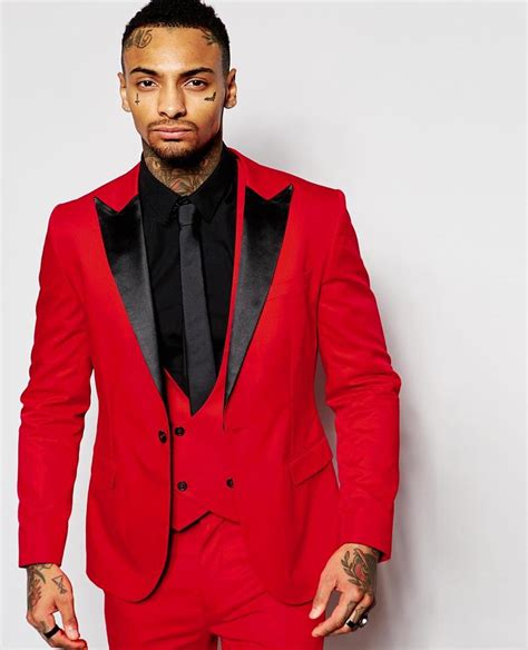 Handsome Red Men Wedding Prom Suits Black Lapel Slim Fit Tuxedos One