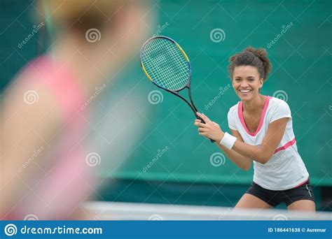 Happy Young Woman Playing Tennis Stock Photo Image Of Sports Healthy