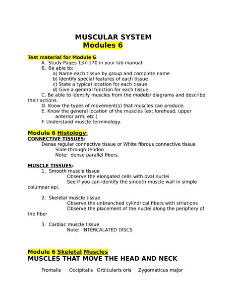 Bsc2085l Module 6 Study Guide Muscular System Modules 6 Test Material