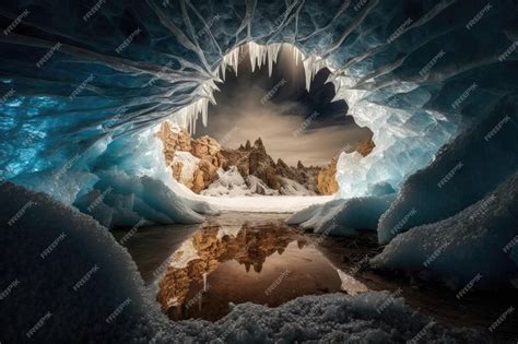 Premium Ai Image A Frozen Cavern With A Lake Of Ice At Its Center