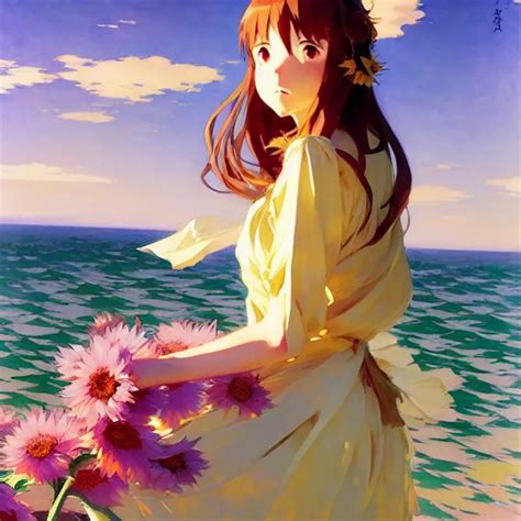Beautiful Sunflower Anime Girl Clouds Krenz Cushart Stable Diffusion