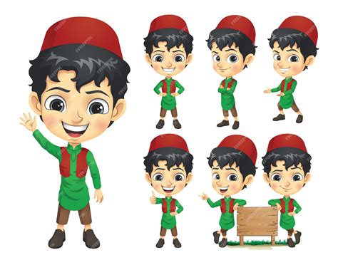 Premium Vector Muslim Boy Mascot Character Set